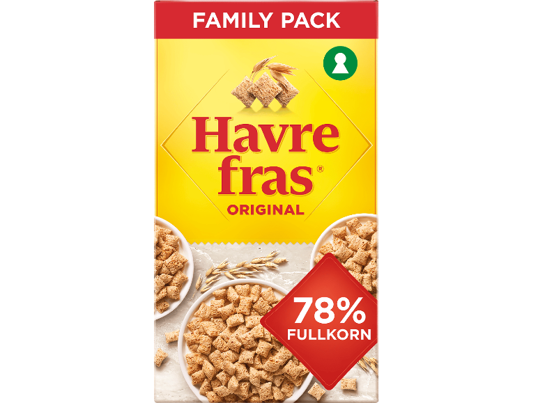 Frukostflingor i förpackning med texten 'FAMILY PACK' och '78% FULLKORN'.