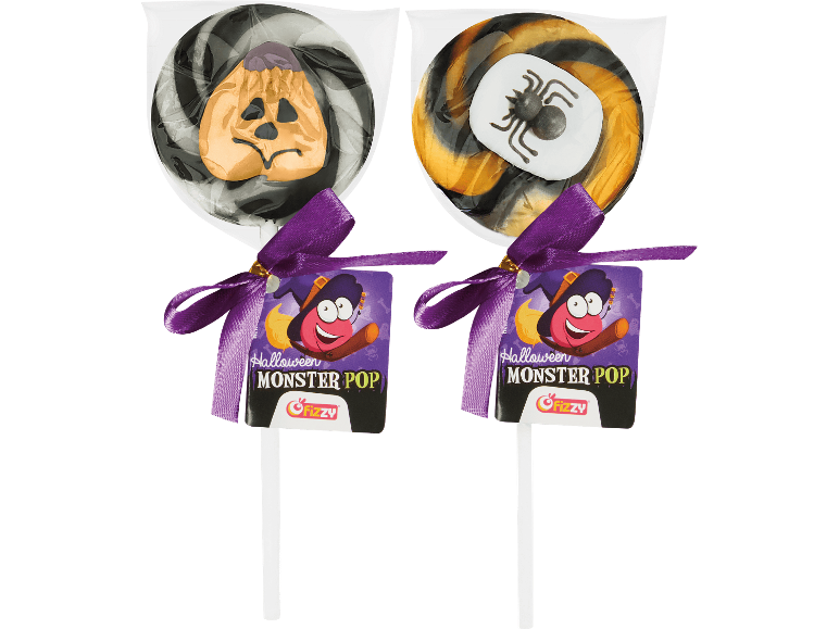 Två Halloween-klubbor med pumpa- och spindelmotiv, dekorerade med lila rosetter