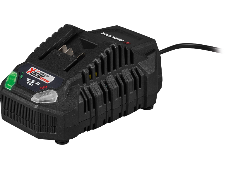 Batteriladdare med texten X 20V TEAM och 4,5 A max.