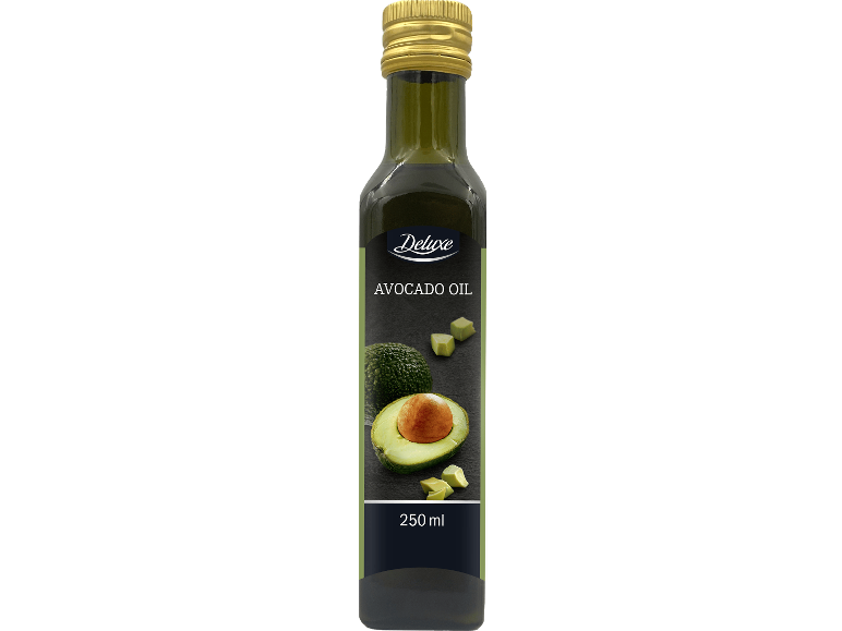 Flaska avokadoolja med bild av avokado och texten 'AVOCADO OIL', 250 ml