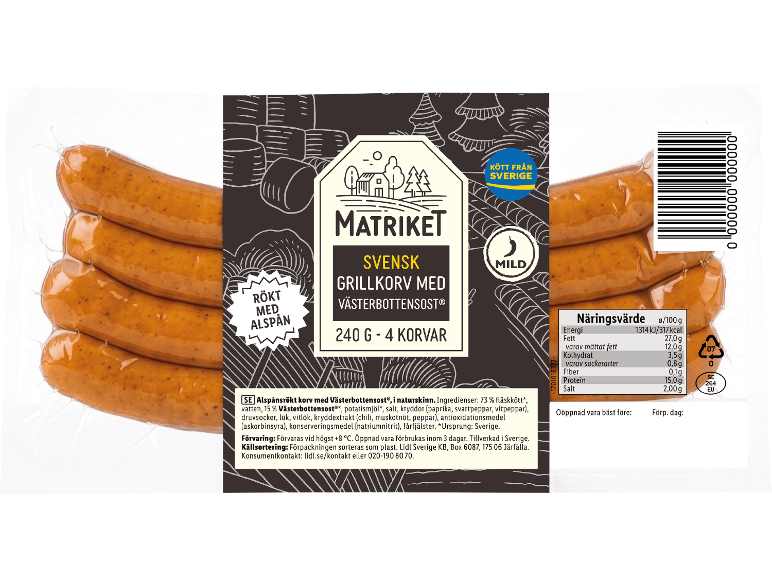 Förpackning med rökta grillkorvar med Västerbottensost, 240g, 4 stycken.
