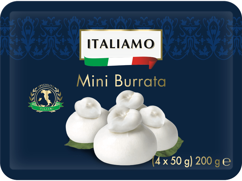 Mini burrata-ost i mörkblå förpackning med guldfärgade texter och italienska flaggdetaljer.