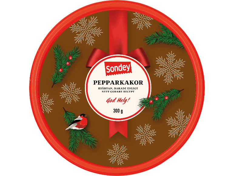 Burk med Sondey pepparkakor med festlig design och vikt på 300 g.