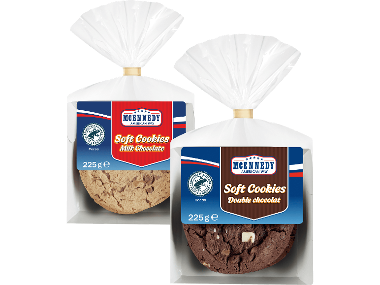 Två förpackningar med mjuka cookies, mjölkchoklad och dubbel choklad, 225 g vardera