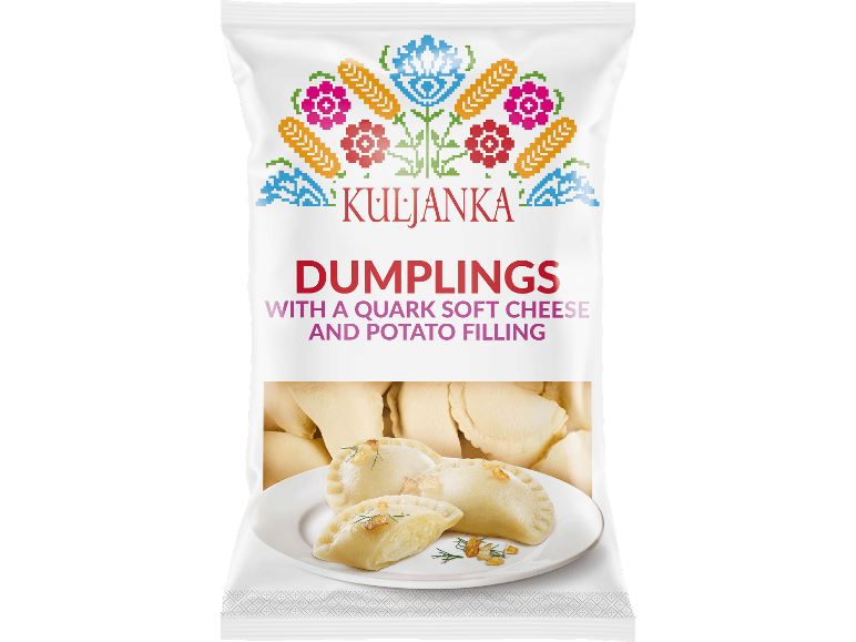 Förpackning med dumplings med kvarg och potatisfyllning, med en traditionell blomdesign.