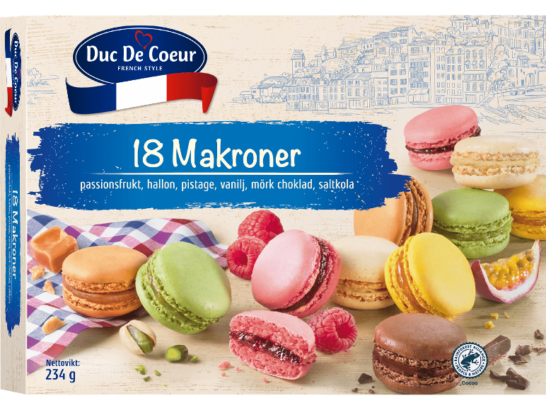 Låda med 18 makroner med smak av passionsfrukt, hallon, pistage, vanilj, mörk choklad och saltkola.