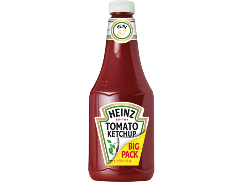 En stor flaska tomatketchup med etiketten 'Big Pack'.