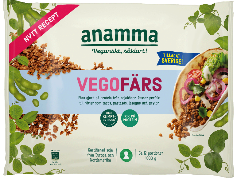 Förpackning med vegansk färs av soja, med text som indikerar en ny produkt och högt proteininnehåll.