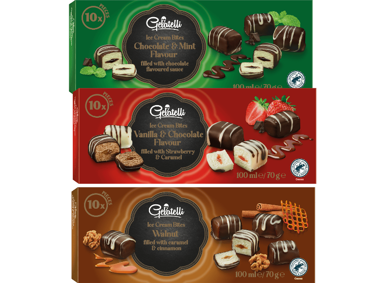 Tre förpackningar med glassbites i smakerna choklad & mynta, vanilj & choklad samt valnöt.
