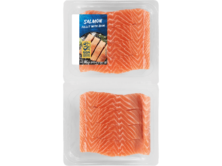 Två förpackningar laxfilé med skinn, 1000g (8x125g), GGN-certifierad.