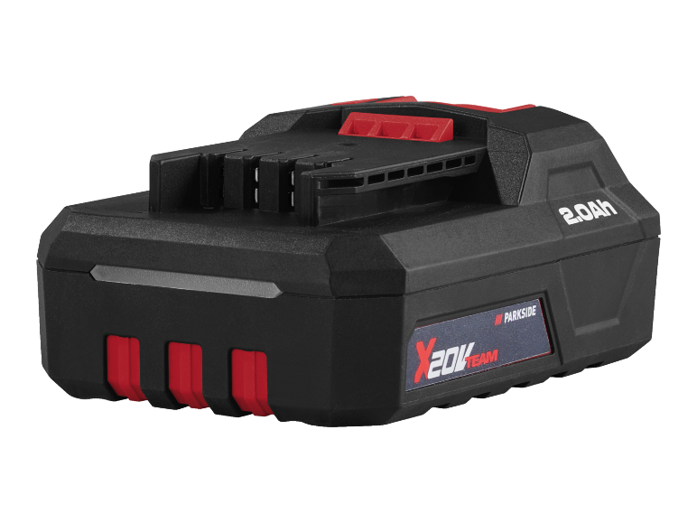 2.0Ah batteri för elverktyg, svart med röda detaljer.
