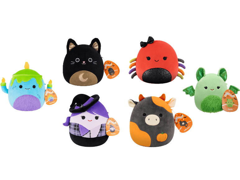 Sex olika Squishmallow-gosedjur med Halloween-tema.