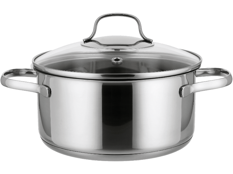 Kastrull i rostfritt stål med glaslock, mot svart bakgrund.