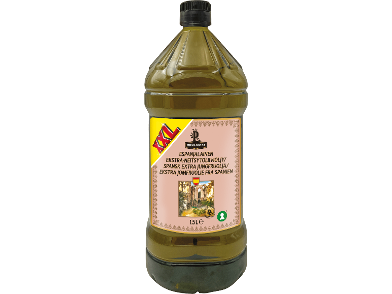 1,5 L flaska spansk extra jungfruolivolja.