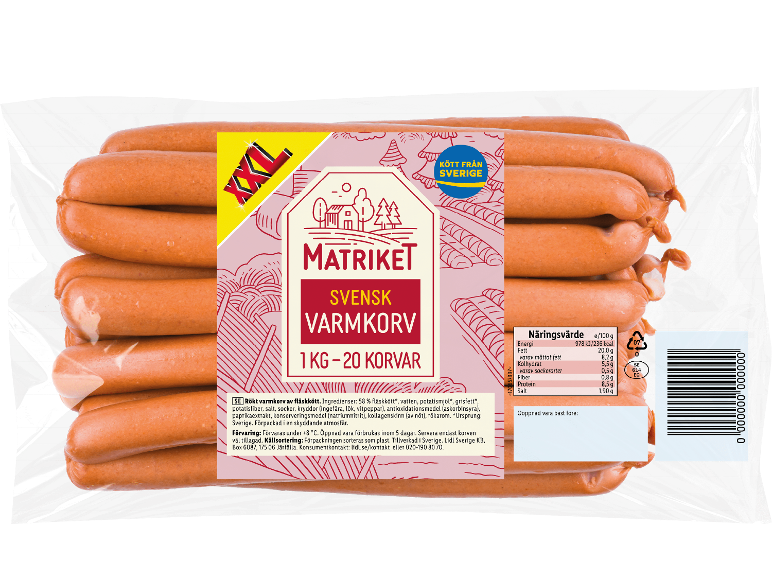 Förpackning med 20 svenska varmkorvar av fläskkött, 1 kg, med näringsinformation.
