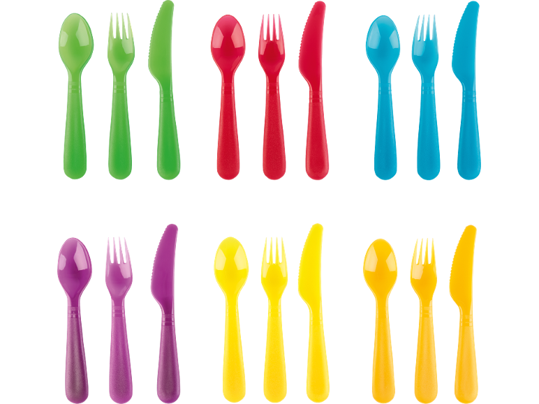 Färgglada plastbestickset i grönt, rött, blått, lila och gult.