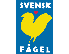 Blå sigill med gul fågel och rött hjärta, text 'SVENSK FÅGEL'.