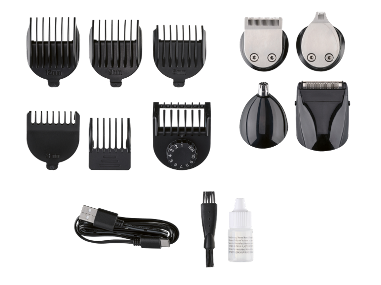 Svarta hårklippartillbehör, inklusive kammar i olika storlekar (3mm, 6mm, 9mm, 12mm), rak- och trimhuvuden, en USB-kabel, en rengöringsborste och en oljeflaska.