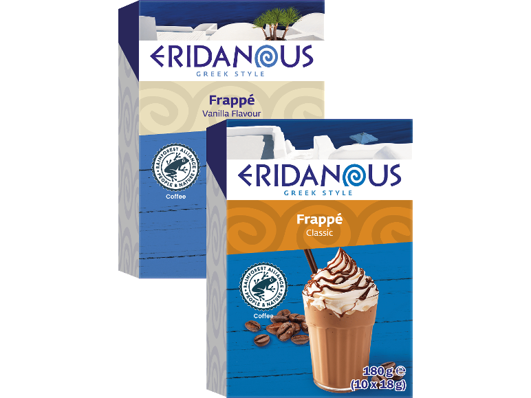 Två förpackningar grekisk frappémix, klassisk och vaniljsmak, 180g vardera.