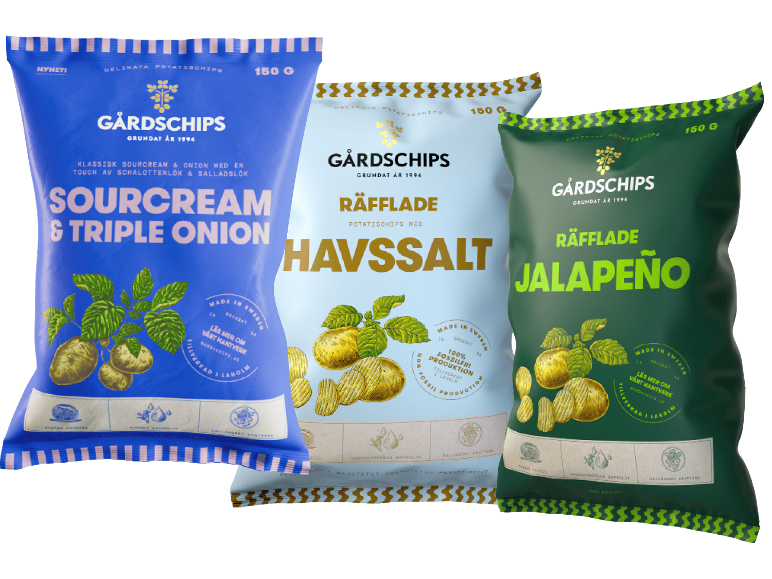 Tre påsar potatischips i smakerna sourcream & onion, havssalt och jalapeño.