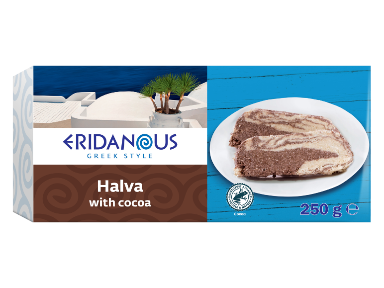 Grekisk halva med kakao, 250g, på en blå träbakgrund.