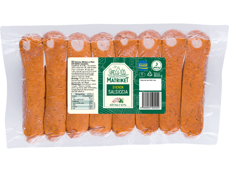 Åtta vakuumförpackade svenska salsicciakorvar med en grön etikett som anger 85% kött och 800g.