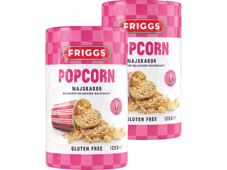 Två förpackningar popcorn-majskakor, glutenfria, med rosa och vit text.