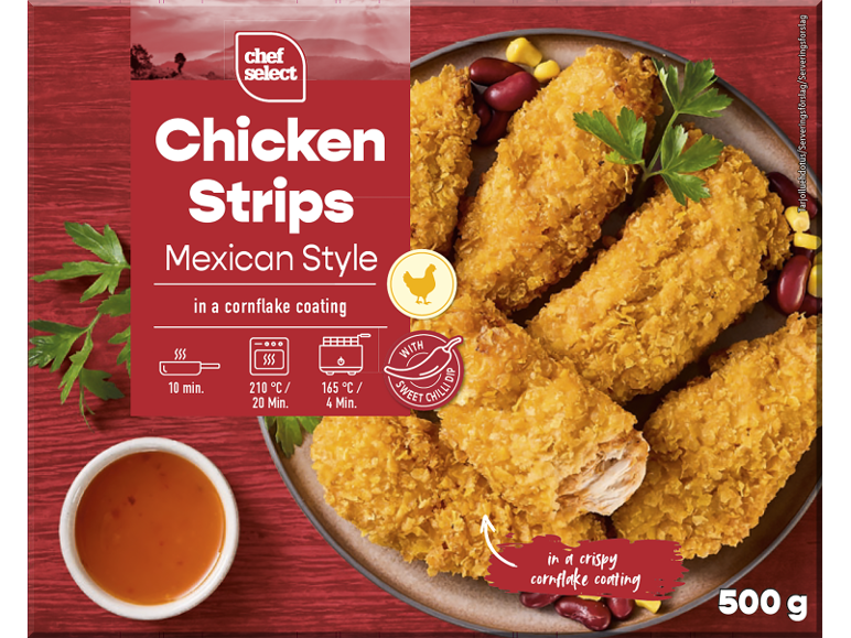 Mexikanska kycklingstrips i cornflakespanering med söt chilisås.