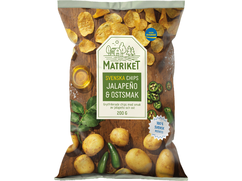 Påse med jalapeño- och ostsmakade chips, med potatis och paprika.