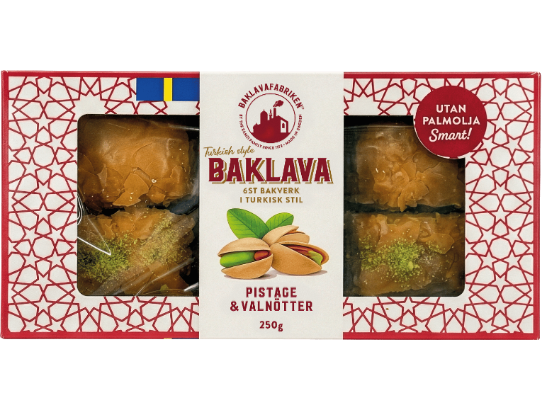 Baklavaförpackning med pistagenötter och valnötter, 250g, utan palmolja.