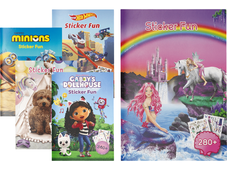 Klistermärkesböcker med enhörningar, sjöjungfrur, bilar, Minions och Gabby's Dollhouse.