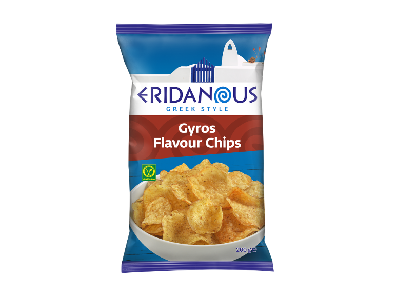 Gyros-smak chips, grekisk stil, i en 200g förpackning.