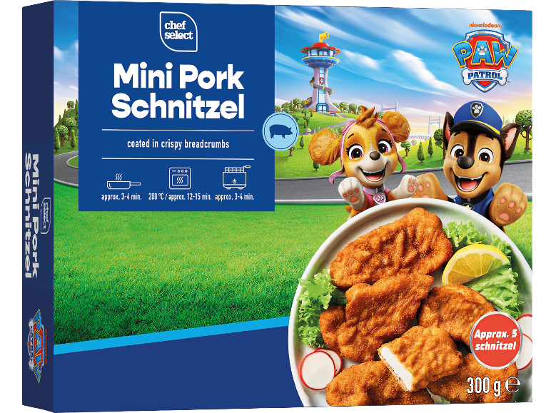 Mini panerad fläskschnitzel, med Paw Patrol-tema, portionsbild och tillagningsinstruktioner.