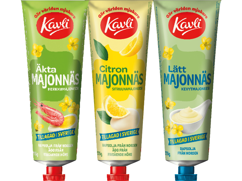 Tre tuber majonnäs: klassisk, citron och lätt, alla tillverkade i Sverige.