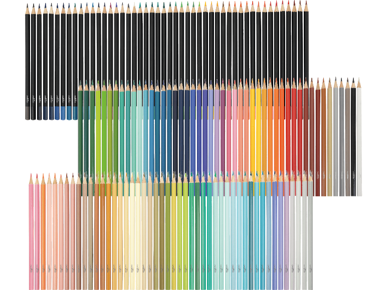 Färgpennor i trä, arrangerade i en färggradient, med svarta och färgade kroppar.