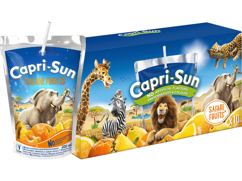 Safari fruktjuicepåsar och låda med djur och frukter, 200 ml, 10-pack