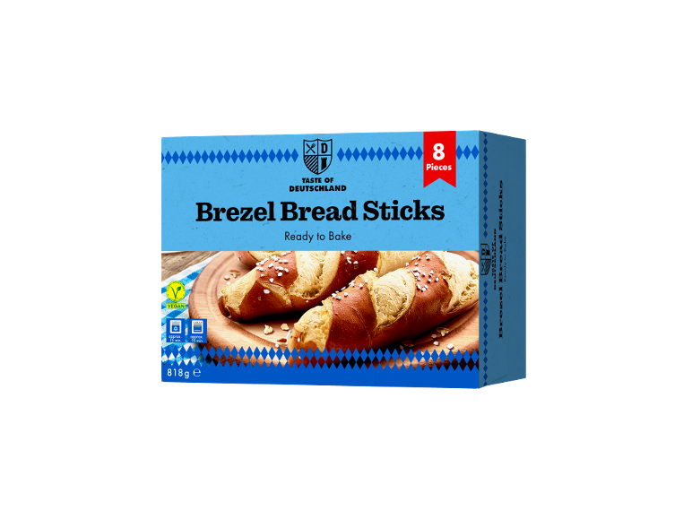 Låda med åtta Brezel-brödpinnar, redo att bakas, med texten 'Taste of Germanland'.