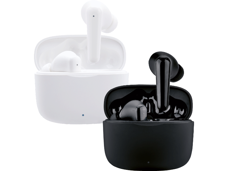 Vita och svarta trådlösa hörlurar med öppna laddningsfodral.