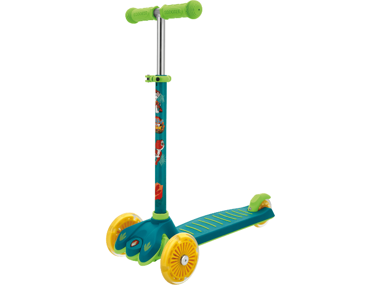 Barnsparkcykel med tre hjul, gröna handtag och Paw Patrol-tryck.
