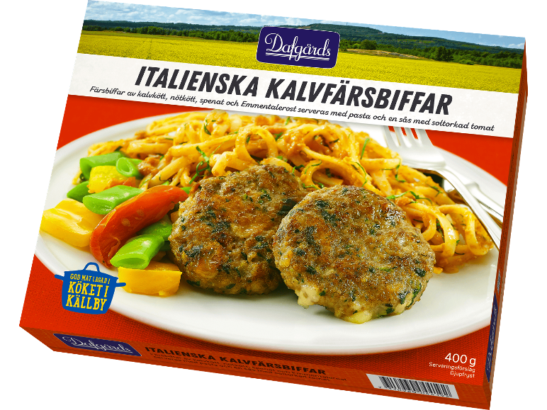 Italienska kalvfärsbiffar med pasta, grönsaker och soltorkad tomatsås.