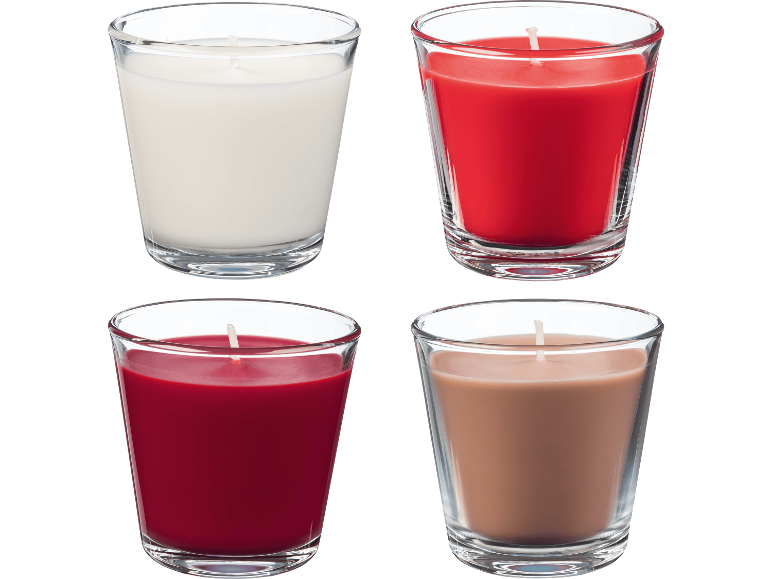 LIVARNO home doftljus i glas i fyra olika färger.