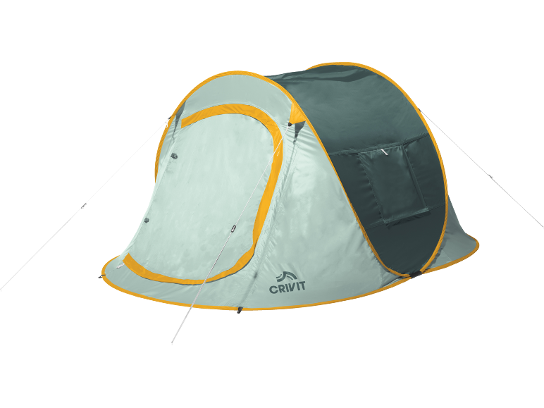 Pop-up-tält i ljusblått och mörkgrått med orange kant och stormlinor.