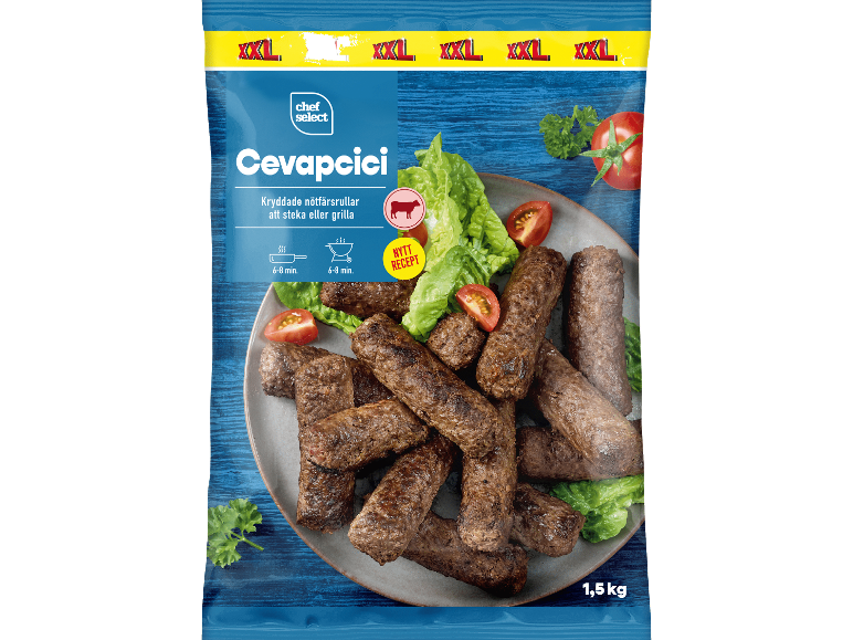 Cevapcici nötfärsrullar för stekning eller grillning, 1,5 kg förpackning med tillagningsinstruktioner.