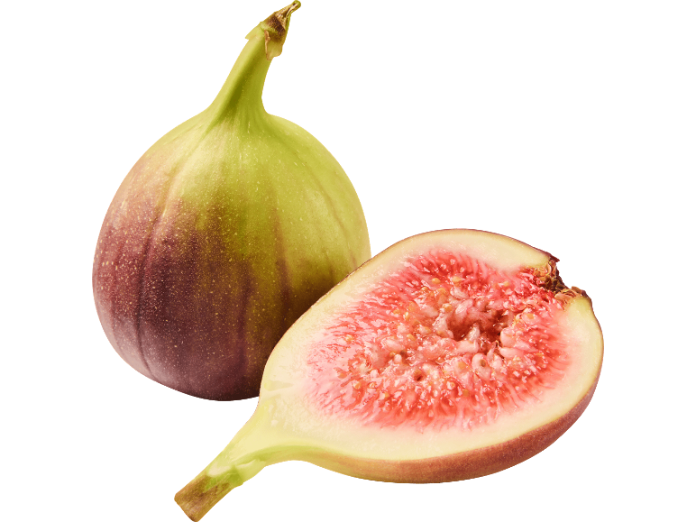 En hel och en halverad grön-lila fikon med rött fruktkött på svart bakgrund.