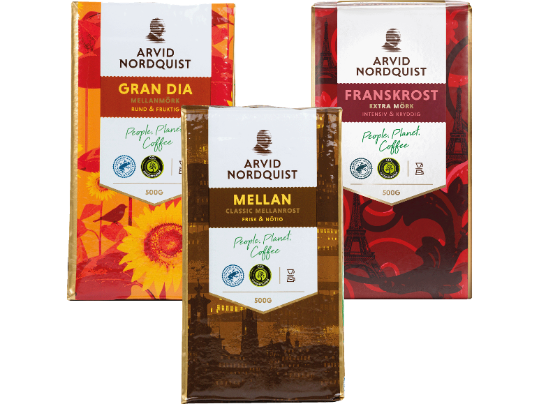 Tre kaffepaket med olika rostningar: Gran Dia (rund & fruktig), Mellan (frisk & nötig) och Franskrost (intensiv & kryddig).