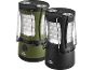 Två campinglyktor, en grön och en svart, med LED-lampor och kompass.