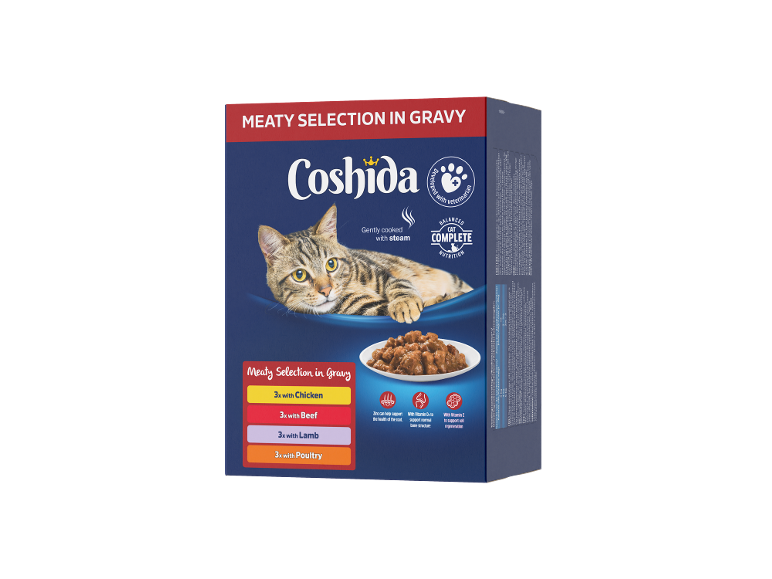 Kattmat med kötturval i sås, med kyckling, nötkött, lamm och fågel.