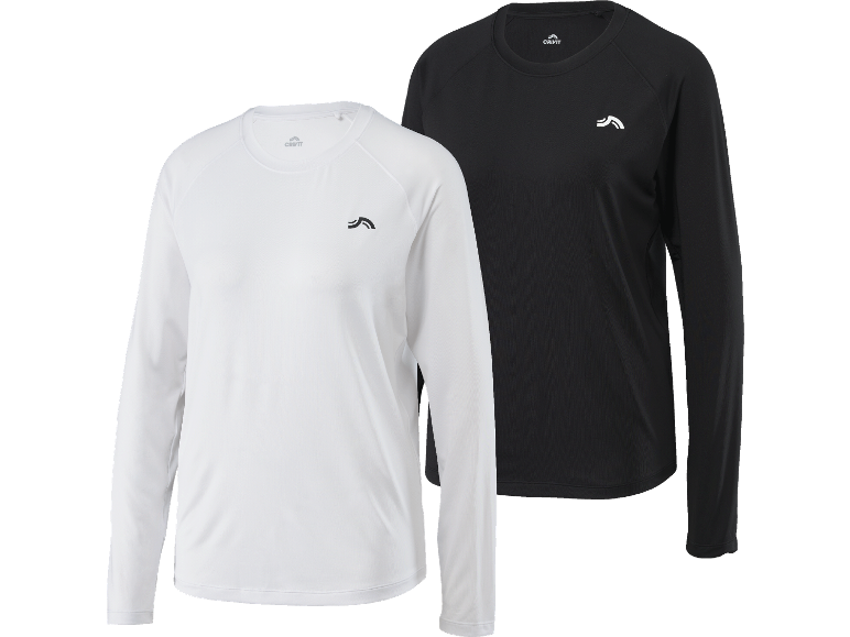 Två långärmade tröjor, en vit och en svart, med en liten logotyp på bröstet.