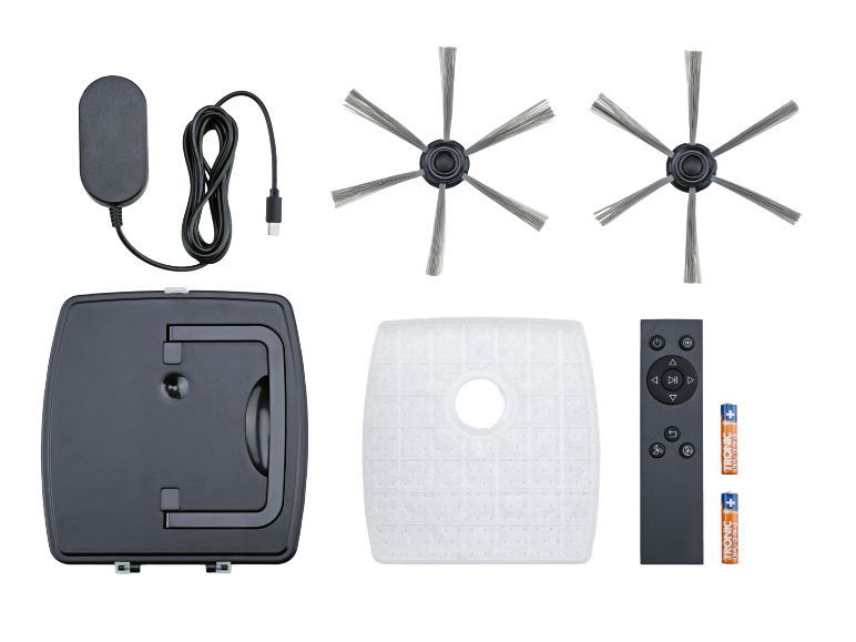 Tillbehör till robotdammsugare: laddstation, borstar, filter, fjärrkontroll och batterier.