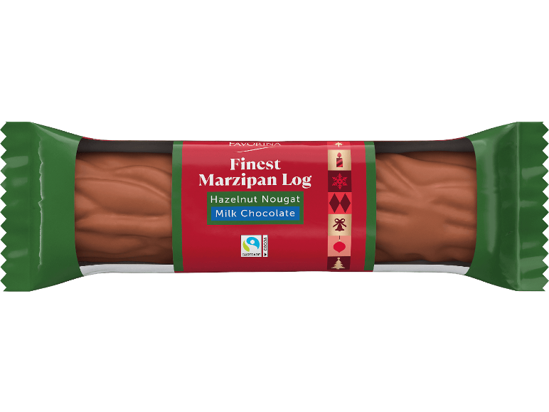 Favorina fin marsipanstång med hasselnötsnougat och mjölkchoklad